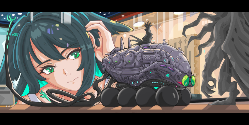 1girl, creature, cthulhu_mythos, display, display_case, dress, elder_thing, eldritch_abomination