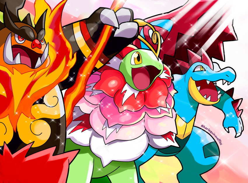 absurdres, antennae, artist_name, black_fur, blue_skin, boar, claws, colored_skin, crocodilian, emboar, fangs, feraligatr, fiery_hair, flower, green_skin, harlequinwaffles, highres, holding, holding_staff, hood, hunched_over, long_neck, mega_emboar, mega_feraligatr, mega_meganium, mega_pokemon, meganium, no_humans, orange_fur, orange_skin, pokemon, pokemon_(creature), pokemon_focus, pokemon_legends:_z-a, sauropod, skin_fangs, spikes, spines, staff, starter_pokemon_trio, tusks, yellow_eyes