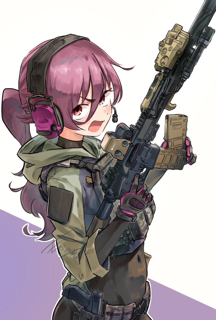 1girl, assault_rifle, black_gloves, blush, commentary_request, covered_navel, ear_protection, glock