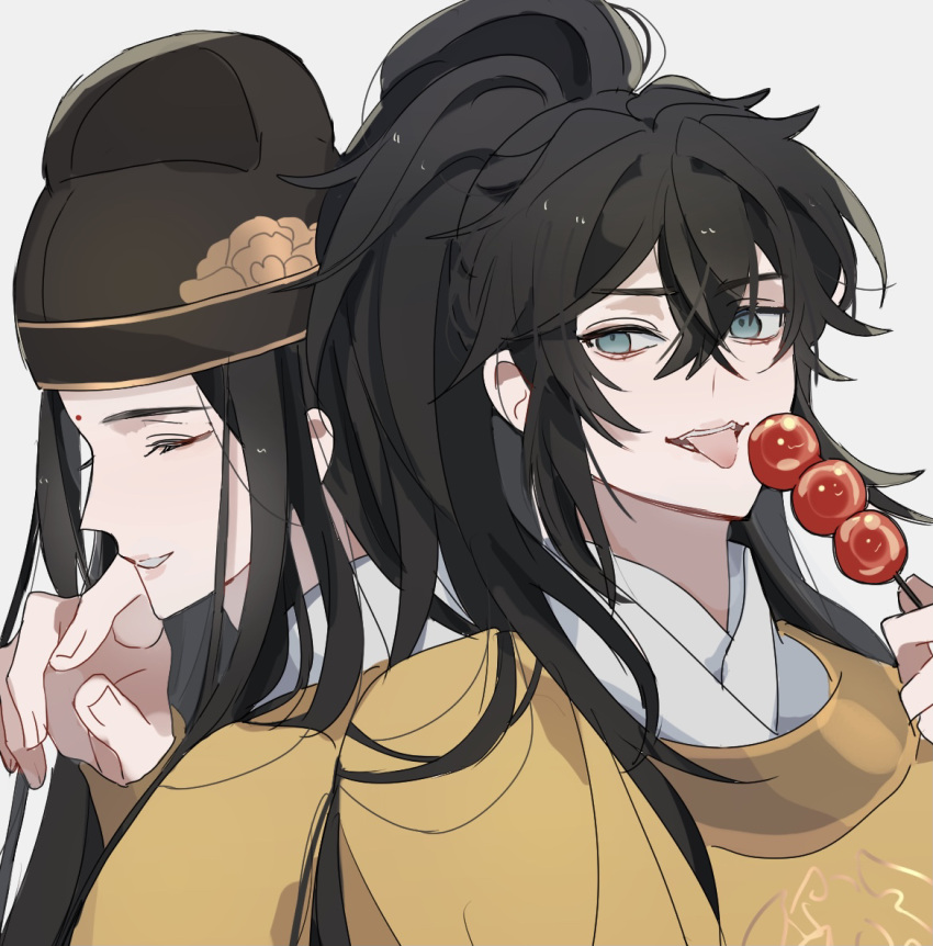 2boys, back-to-back, bindi, bishounen, black_hair, black_hat, chinese_clothes, closed_eyes