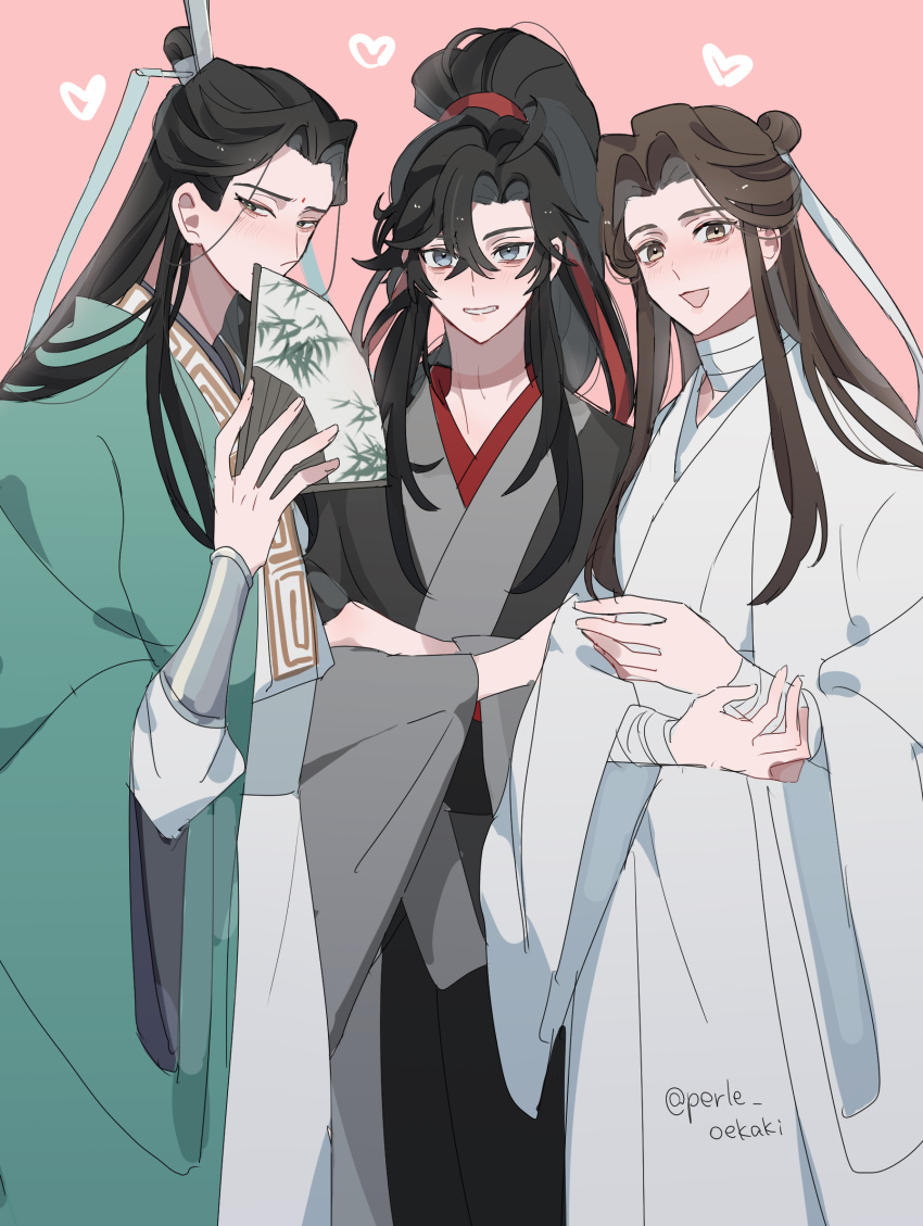 3boys, ahoge, bandaged_arm, bandaged_neck, bandages, bindi, black_hair, black_hanfu