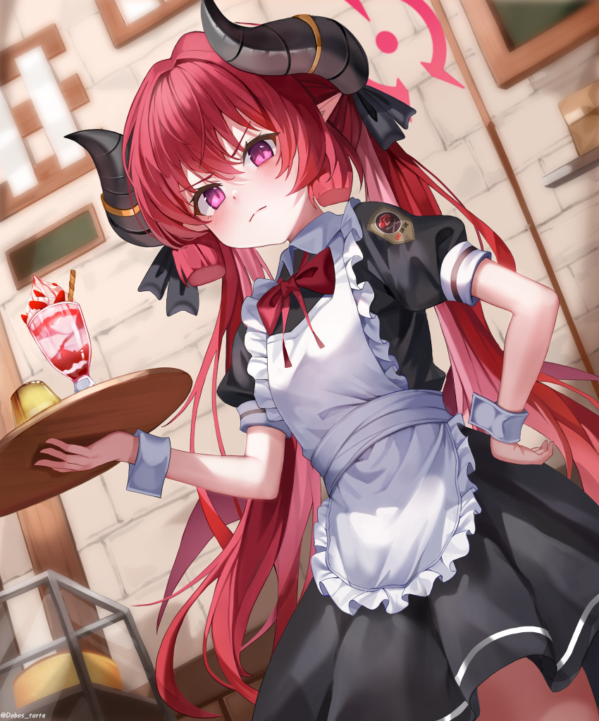>:(, 1girl, absurdres, alternate_costume, apron, black_bow, black_dress, black_horns