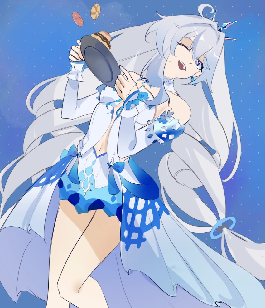 1girl, ahoge, bow, detached_collar, detached_sleeves, dress, drill_hair, food
