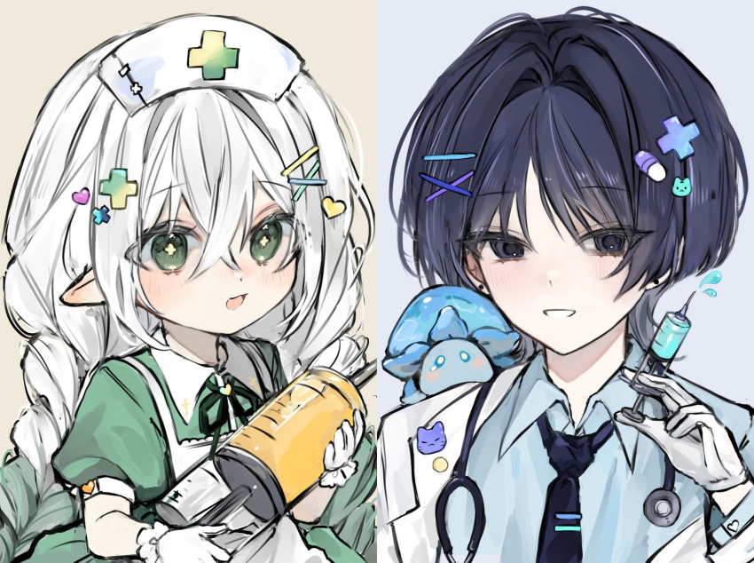 1boy, 1girl, alternate_costume, alternate_hairstyle, apron, black_eyes, black_hair, black_necktie