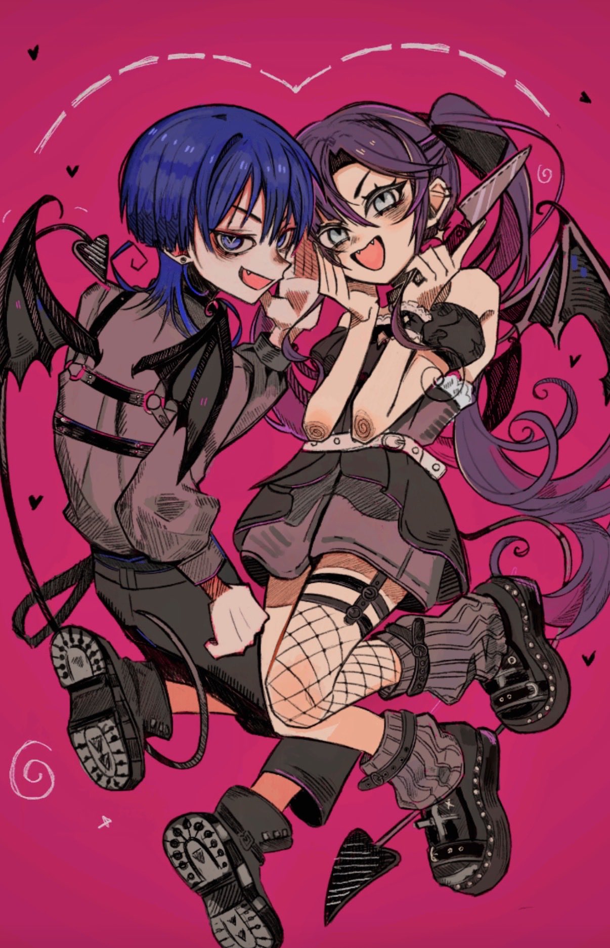 1boy, 1girl, alternate_costume, arm_at_side, bags_under_eyes, belt, black_boots, black_bow