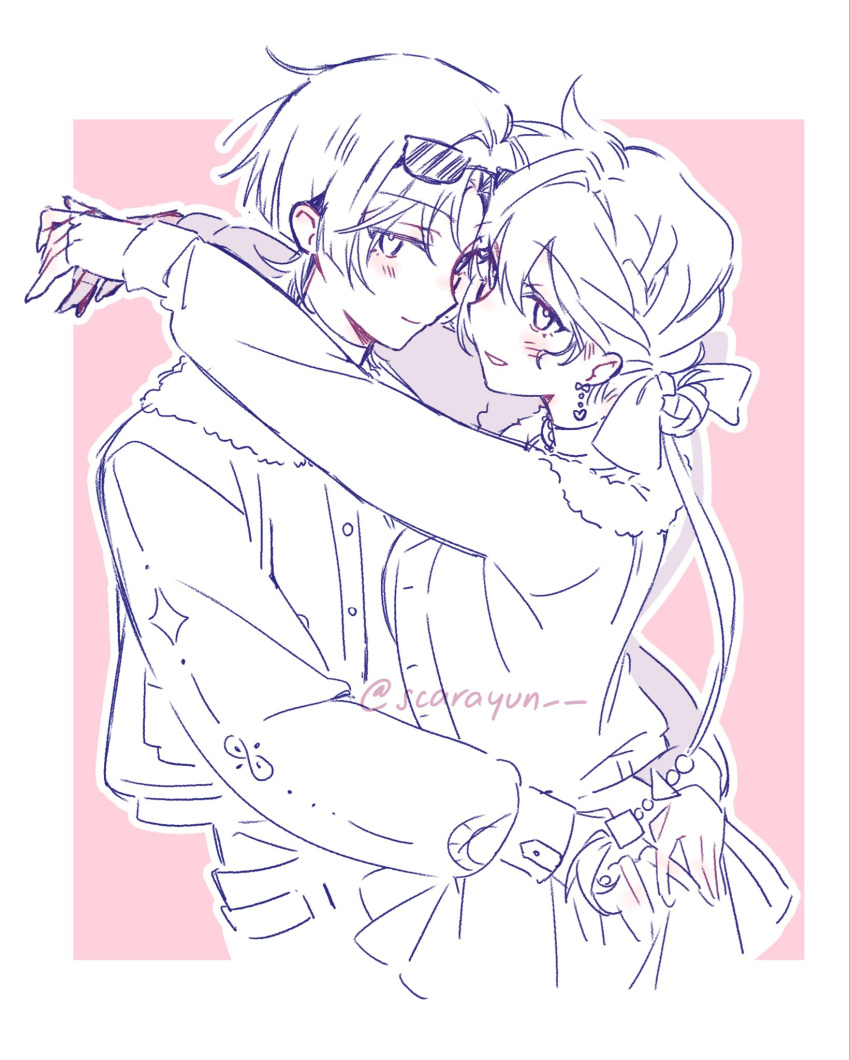 1boy, alternate_costume, arms_on_another's_shoulder, arms_up, blunt_ends, blush, border, bow