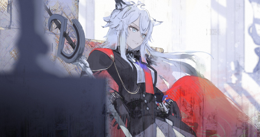 1girl, absurdres, animal_ears, arknights, black_gloves, breasts, cape, commentary