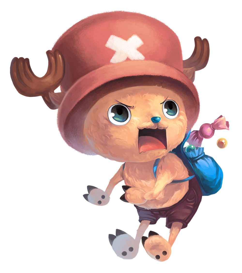 antlers, backpack, bag, blue_eyes, candy, frown, full_body, fur, furry, fuzzy_hat, hat, hooves, jumping, male, one_piece, onisakiyoruka, open_mouth, randoseru, reindeer, reindeerboy, shorts, simple_background, solo, tony_tony_chopper, transparent_background, white_background