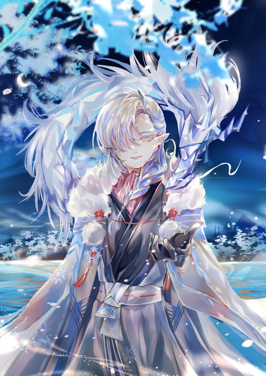 1boy, absurdres, black_gloves, black_kimono, braid, cape, chashuimeifiom, chinese_commentary
