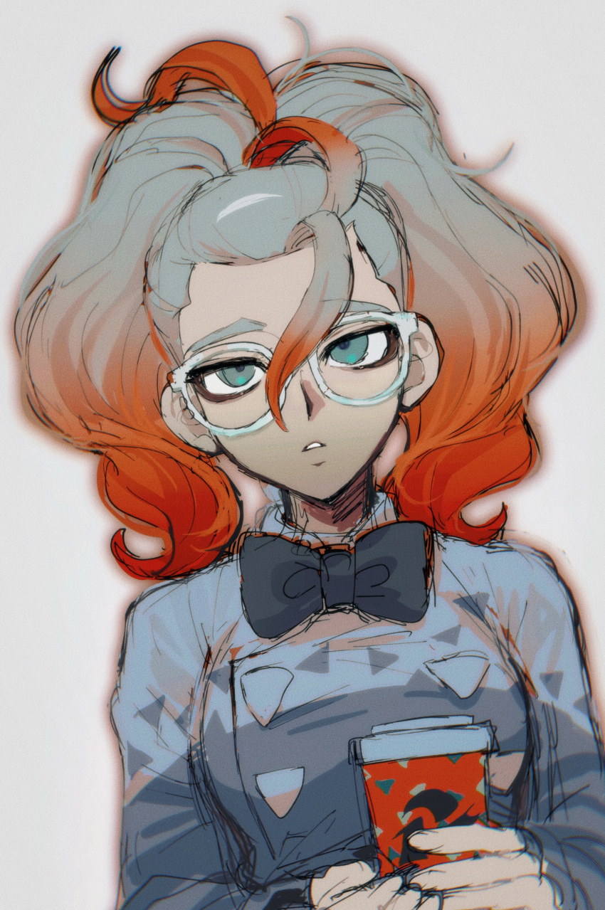 1girl, absurdres, black_bow, black_bowtie, bow, bowtie, commentary_request, cup