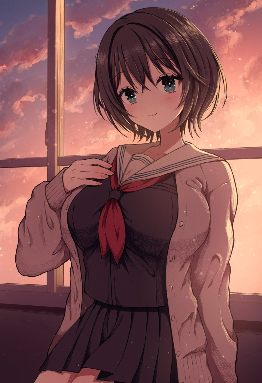 1girl, aqua_eyes, arm_behind_back, backlighting, black_serafuku, black_shirt, black_skirt, blush