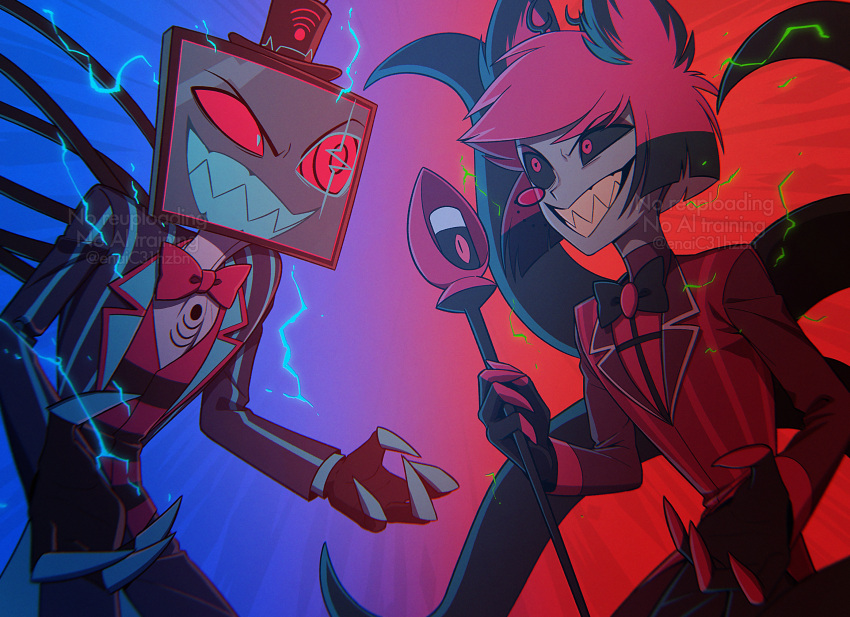 2boys, :d, alastor_(hazbin_hotel), animal_ears, antlers, black_bow, black_bowtie, black_coat