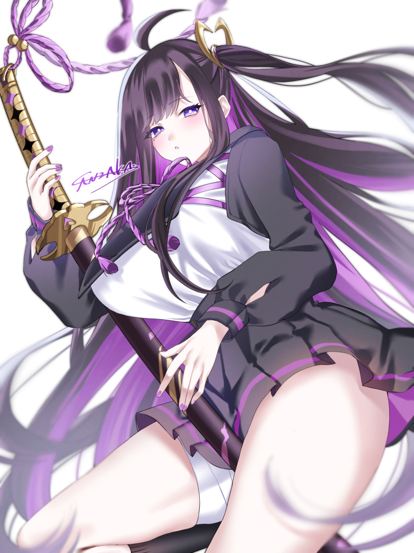 1girl, black_hair, black_sailor_collar, black_shirt, black_skirt, breasts, chitose_(stella_sora), colored_inner_hair