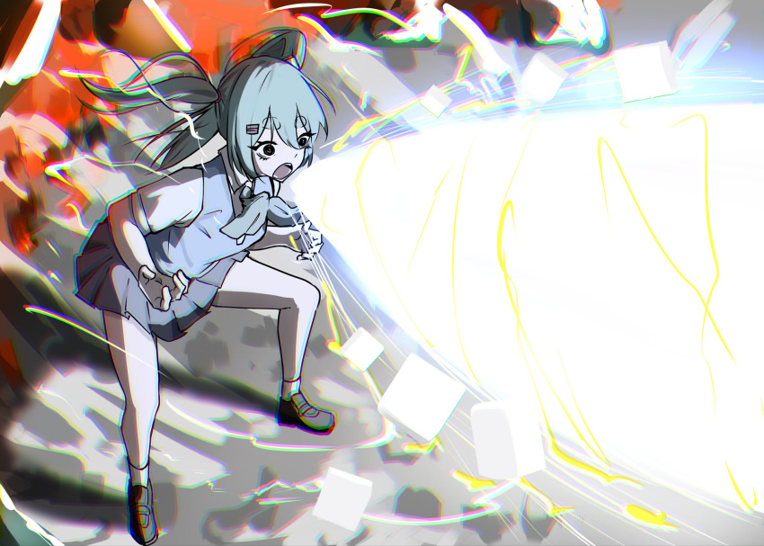 1girl, black_eyes, blue_hair, blue_skirt, blue_vest, chromatic_aberration, claw_pose, commentary, energy_beam, feluppy125, hair_ornament, hairclip, hatsune_miku, highres, kaijuu_ni_naritai_(vocaloid), leaning_forward, long_hair, miniskirt, mouth_beam, open_mouth, pleated_skirt, school_uniform, shirt, short_sleeves, skirt, solo, standing, twintails, vest, vocaloid, white_shirt