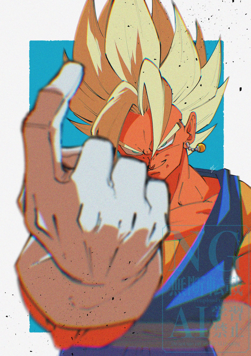 1boy, blonde_hair, blue_background, blue_shirt, border, dragon_ball, dragon_ball_z, earrings