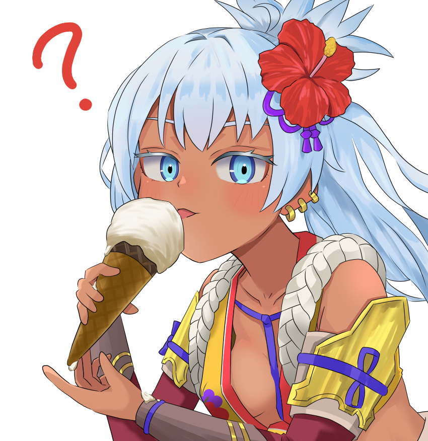 1girl, absurdres, armor, blue_eyes, buchoma, dark-skinned_female, dark_skin, earrings, floral_print_shirt, flower, hair_flower, hair_ornament, hibiscus, highres, holding, holding_ice_cream_cone, ice_cream_cone, japanese_armor, japanese_clothes, jewelry, long_hair, looking_at_viewer, matsuri_(rune_factory), multiple_earrings, ponytail, red_flower, rune_factory, rune_factory:_guardians_of_azuma