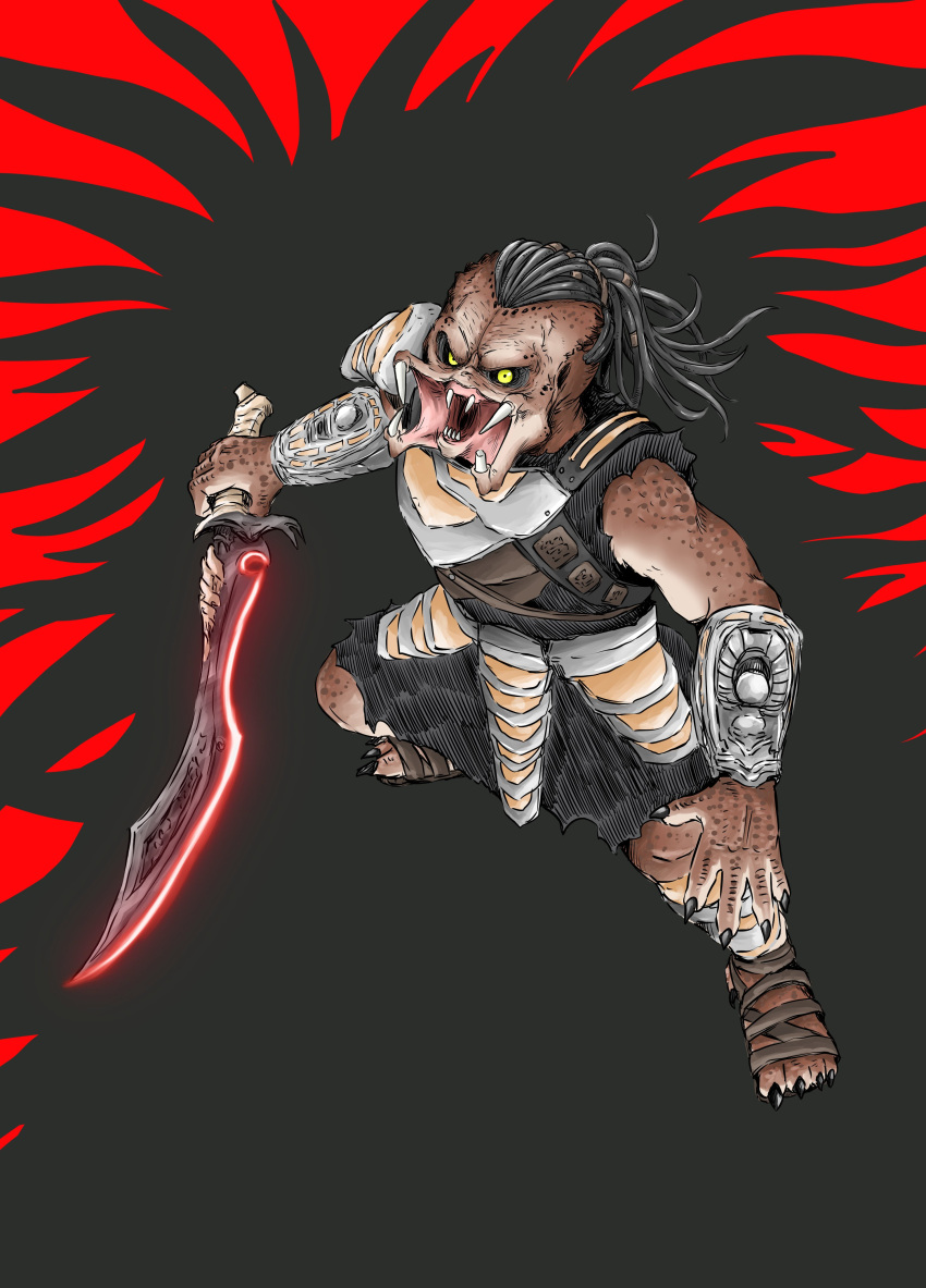 1boy, absurdres, alien, armor, dek_(predator), dreadlocks, fingernails, gauntlets, glowing, glowing_sword, glowing_weapon, highres, holding, holding_sword, holding_weapon, jaw, kinoshita_itaru, loincloth, mandibles, monster, official_art, open_mouth, pauldrons, predator:_badlands, predator_(character), predator_(series), sharp_fingernails, shoulder_armor, sword, weapon