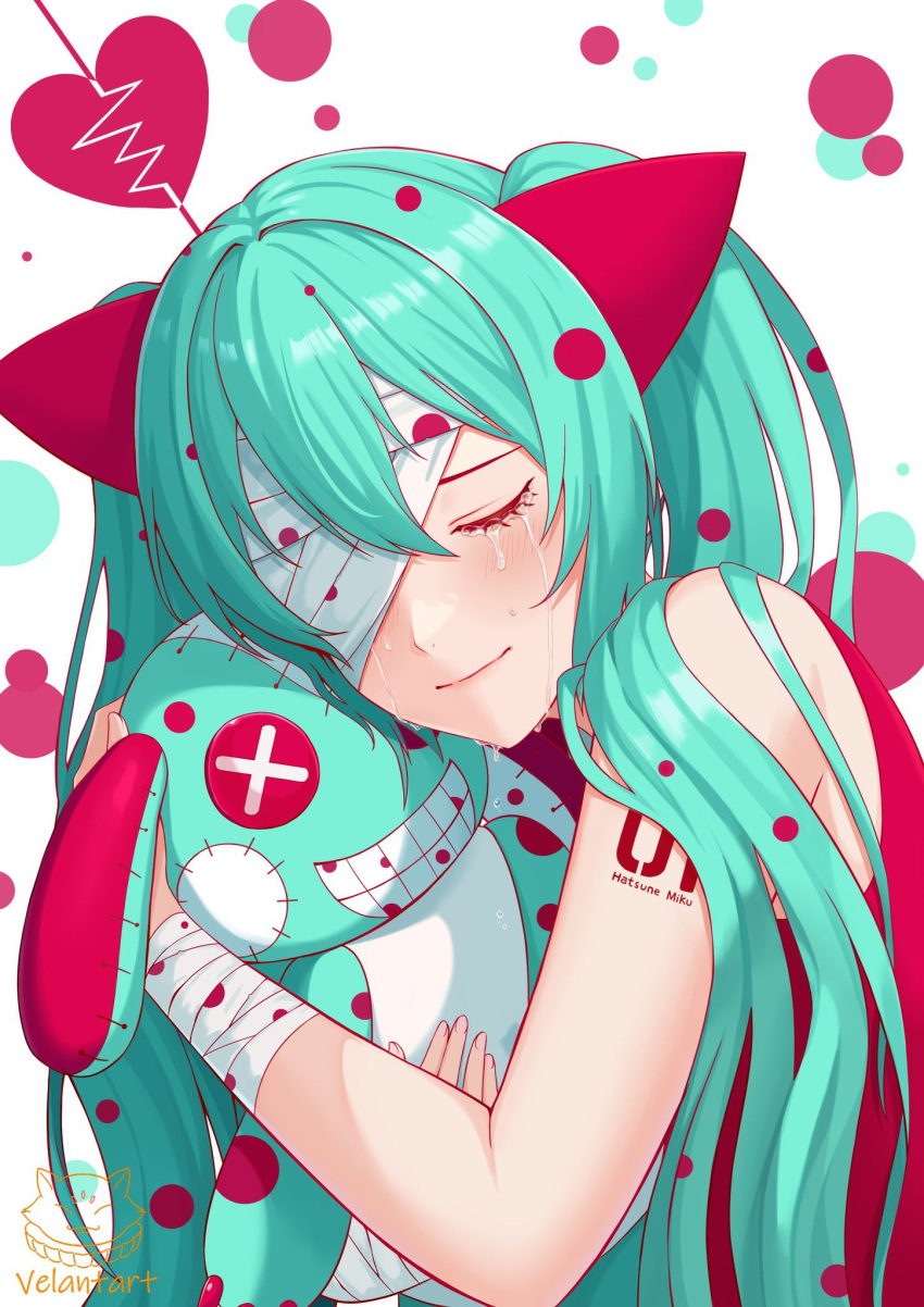 aqua_hair, bandage_over_one_eye, bandages, crying, eyepatch, hatsune_miku, highres, non-web_source