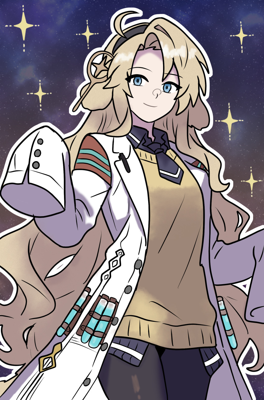 1girl, absurdres, agnes_tachyon_(tach-nology)_(umamusume), agnes_tachyon_(umamusume), agnes_tachyon_(umamusume)_(cosplay), arknights, black_hairband, black_pantyhose, black_shirt, blonde_hair, blue_eyes, buttons, closed_mouth, coat, collared_shirt, commentary, cosplay, cowboy_shot, english_commentary, hair_intakes, hairband, highres, kristen_(arknights), lab_coat, lapels, long_hair, looking_at_viewer, lucia_(luciatehe), necktie, open_clothes, open_coat, outline, pantyhose, shirt, short_necktie, sleeves_past_fingers, sleeves_past_wrists, smile, solo, sparkle, sparkling_aura, standing, sweater, umamusume, vial, white_coat, white_outline, yellow_sweater