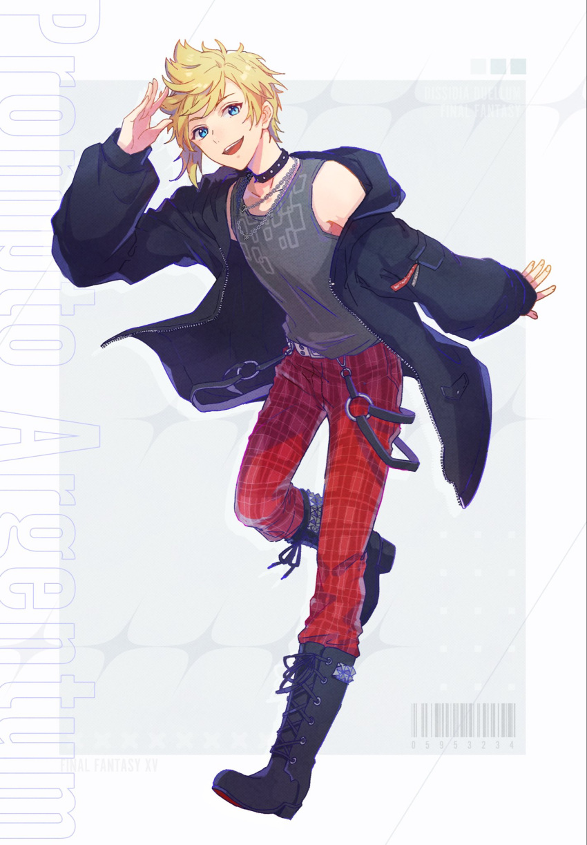 1boy, :d, bare_shoulders, black_boots, black_jacket, blonde_hair, blue_eyes, boots