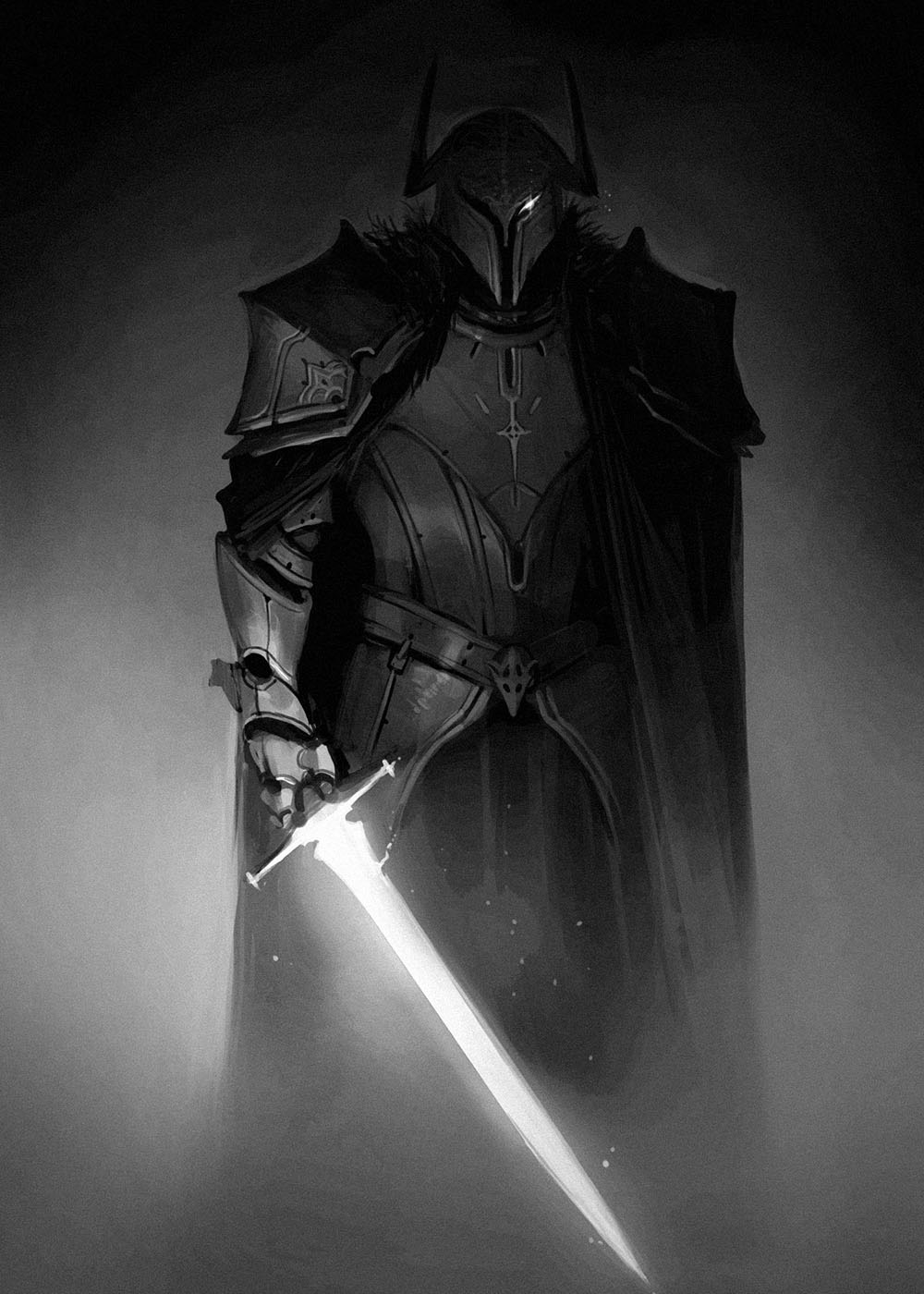 1other, ambiguous_gender, armor, breastplate, cape, commentary, english_commentary, fake_horns, full_armor, gauntlets, glowing, glowing_eye, glowing_sword, glowing_weapon, greyscale, helm, helmet, highres, holding, holding_sword, holding_weapon, horned_helmet, horns, knight, looking_at_viewer, monochrome, original, pauldrons, shoulder_armor, solo, standing, sword, tomatoketchup96, weapon