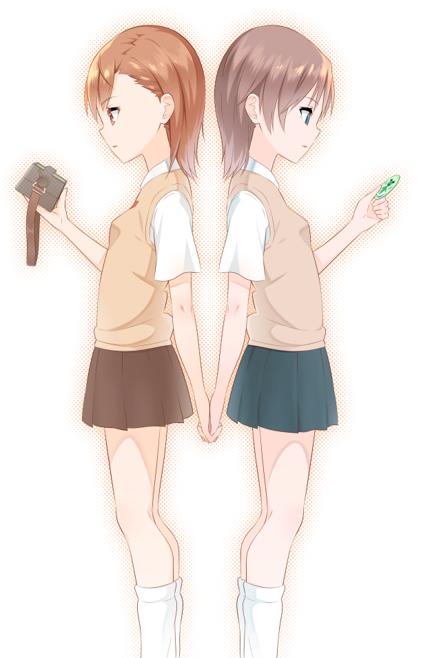 2girls, back-to-back, badge, bare_arms, breasts, brown_eyes, brown_hair, brown_sweater