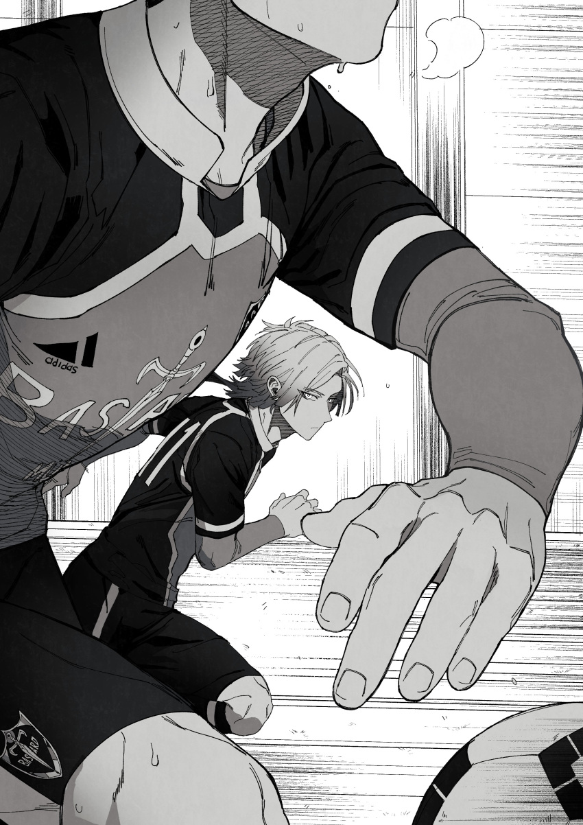 2boys, absurdres, ball, bastard_munchen_soccer_uniform, blue_lock, greyscale, highres, isagi_yoichi