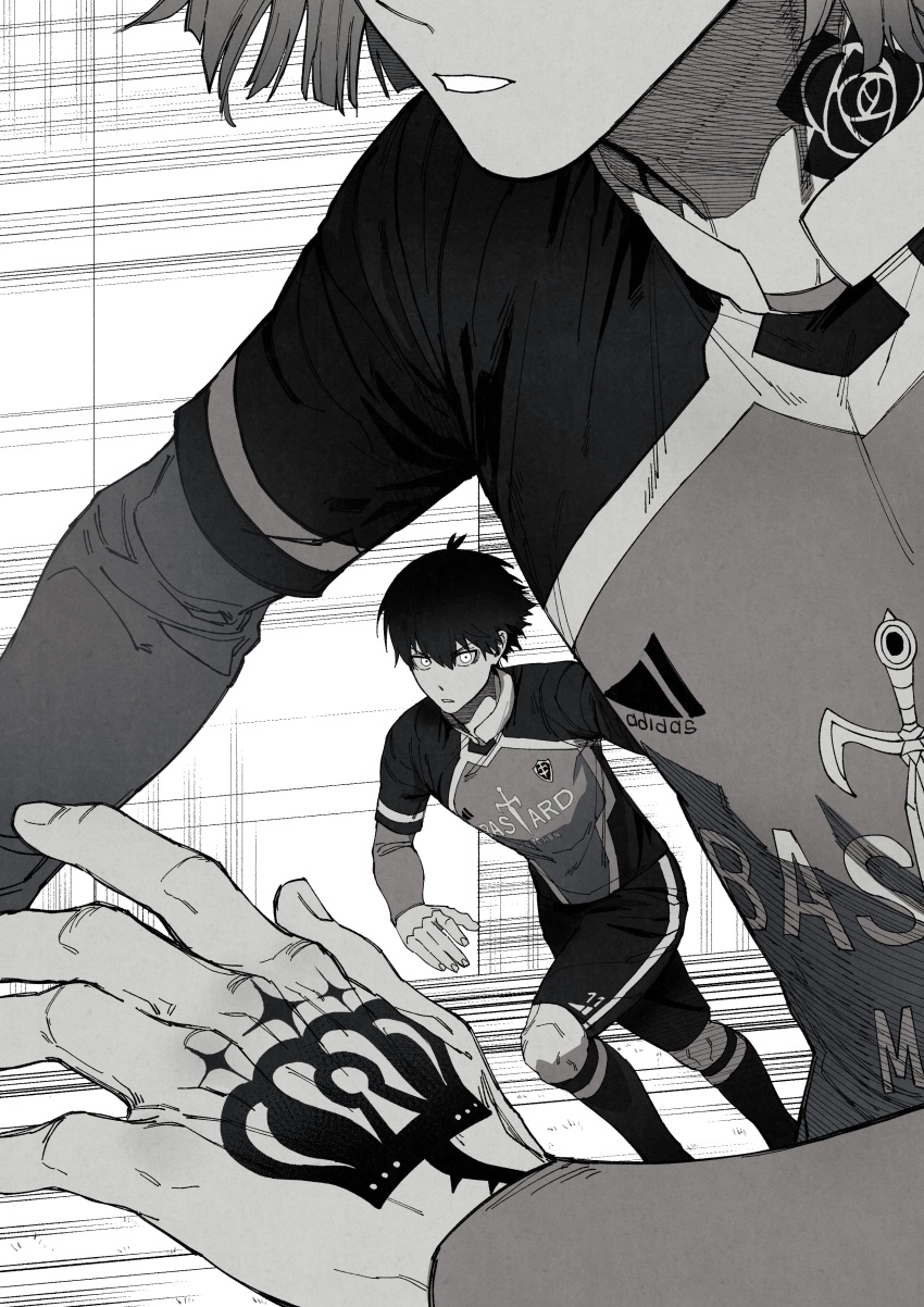 2boys, absurdres, bastard_munchen_soccer_uniform, blue_lock, crown_tattoo, flower_tattoo, greyscale, hand_tattoo