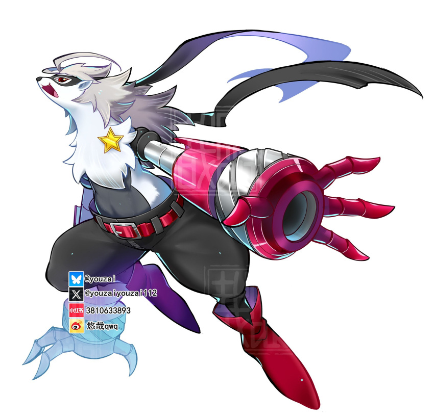 1girl, black_pants, digimon, digimon_(creature), eye_mask, full_body, furry, furry_female, gauntlets, highres, mask, pants, red_eyes, simple_background, solo, white_background, wolvermon, youzaiyouzai112