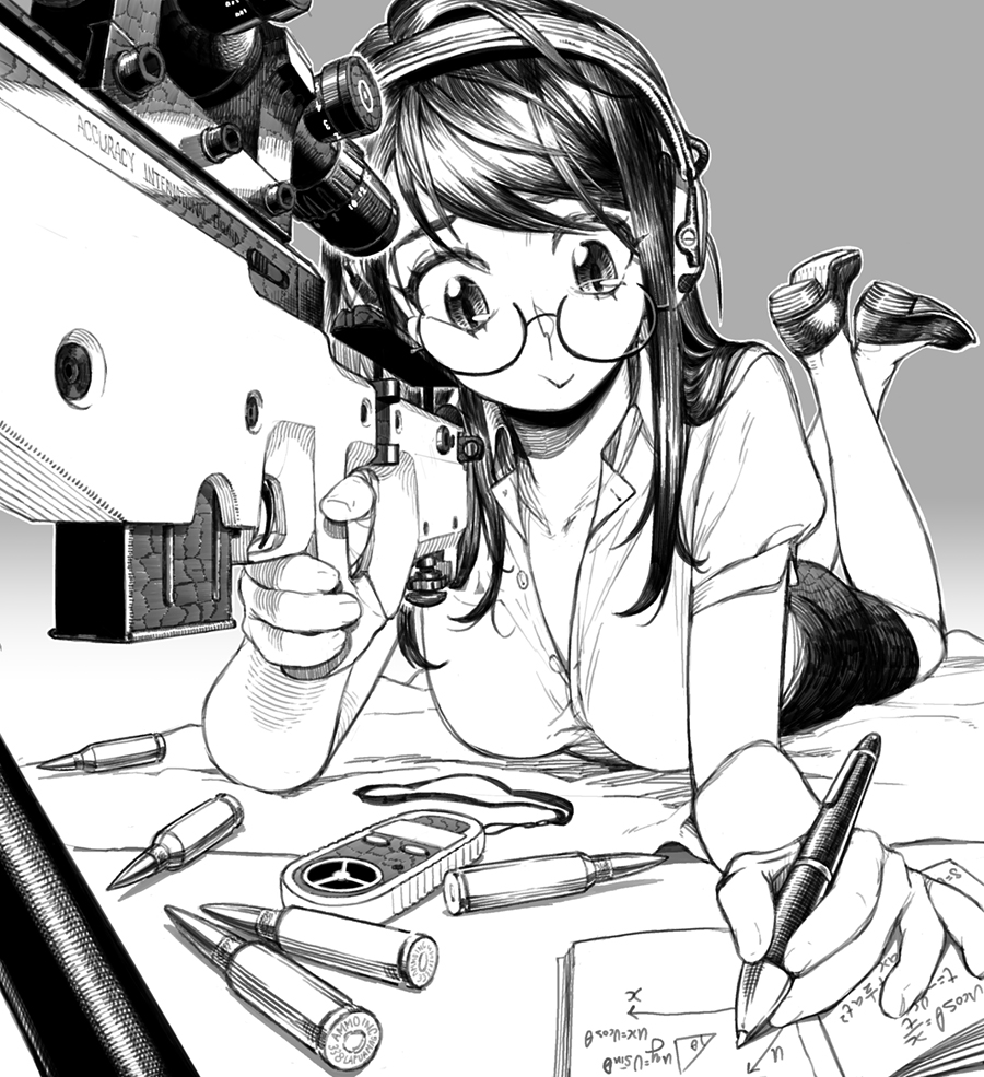 1girl, accuracy_international, ai_arctic_warfare, anemometer, bolt_action, bullet, cheek_press, collared_shirt