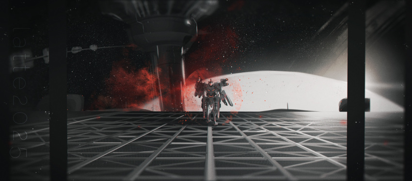 absurdres, armor, armored_core, armored_core_vi:_fires_of_rubicon, ayre_(armored_core_vi), cos-latte, highres, in_orbit