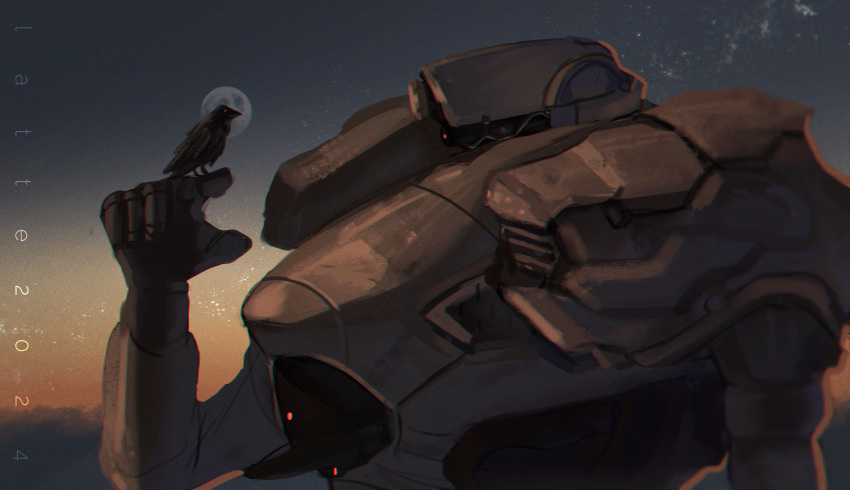 621_(armored_core_vi), animal, armor, armored_core, armored_core_vi:_fires_of_rubicon, bird, bird_wings, black_bird, black_feathers, black_wings, cos-latte, crow, feathers, highres, joints, loader_4, machinery, mecha, mecha_focus, mechanical_arms, mechanical_hands, robot, science_fiction, wings