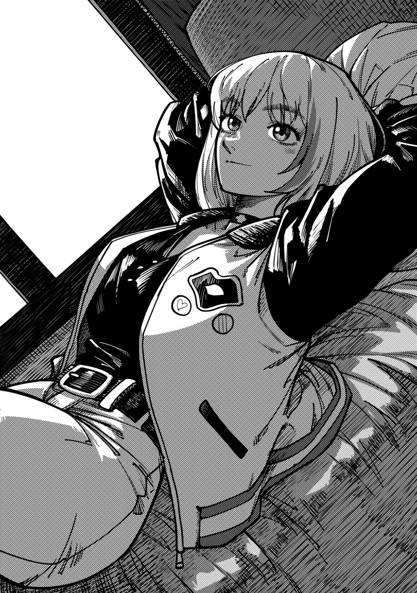 1girl, absurdres, arms_behind_head, belt, choker, closed_mouth, commentary, commission