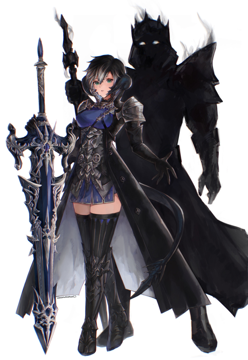 1girl, 1other, absurdres, ambiguous_gender, armor, armored_boots, armored_skirt, artist_name