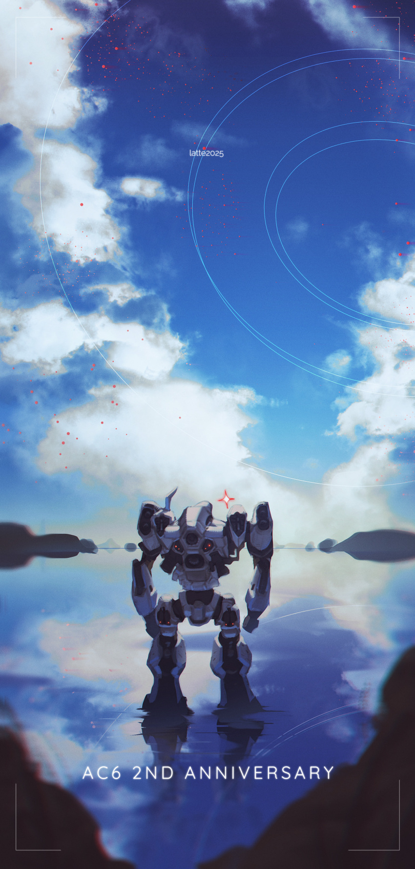 621_(armored_core_vi), absurdres, armor, armored_core, armored_core_vi:_fires_of_rubicon, blue_sky, cos-latte, day, fromsoftware, highres, in-universe_location, joints, loader_4, machinery, mecha, mecha_focus, mechanical_arms, mechanical_hands, mechanical_legs, one-eyed, outdoors, reflection, reflective_water, robot, science_fiction, sky, soaking_feet, wading, water
