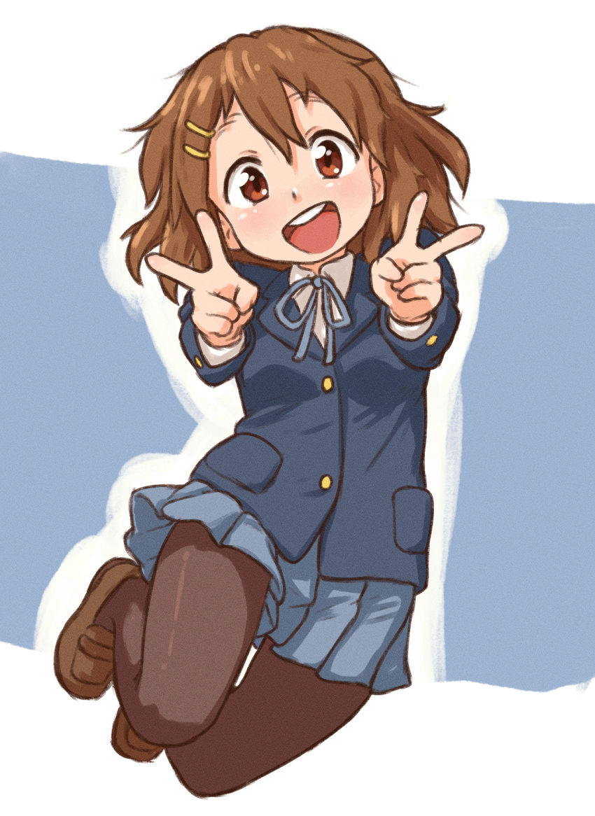 1girl, beachepisode, blue_skirt, blush, breasts, brown_eyes, brown_hair, brown_pantyhose
