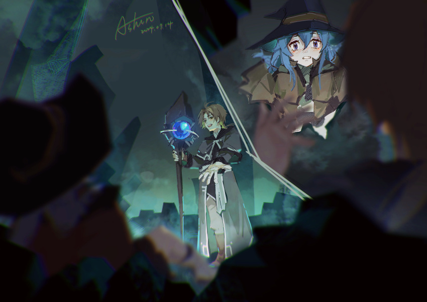 1boy, 1girl, absurdres, aqua_heartia, ashino333333, blue_eyes, blue_hair, brown_hair, cloak, dungeon, fog, hat, highres, hood, hooded_cloak, mage_staff, multiple_pov, mushoku_tensei, outstretched_hand, pov, roxy_migurdia, rudeus_greyrat, split_screen, staff, witch_hat
