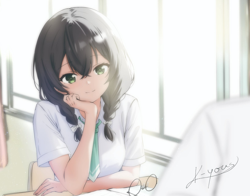 1girl, 1other, artist_name, black-framed_eyewear, black_hair, blurry, book, bow