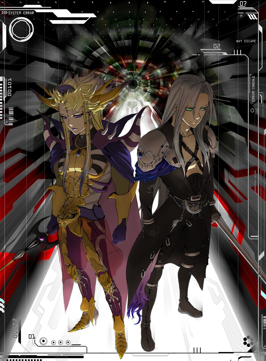 alternate_costume, amazake_(minidora373), blonde_hair, cape, dissidia_012_final_fantasy, dissidia_final_fantasy, emperor_(ff2), emperor_mateus, final_fantasy, final_fantasy_ii, final_fantasy_vii, final_fantasy_xiii, green_eyes, highres, long_hair, male, multiple_boys, purple_eyes, sephiroth, silver_hair, sword, violet_eyes, weapon