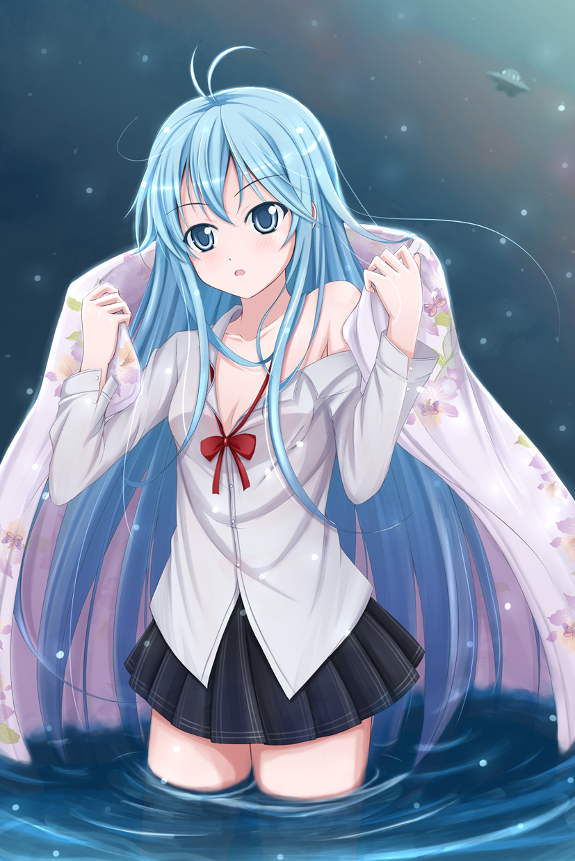 blue_eyes, blue_hair, breasts, cleavage, denpa_onna_to_seishun_otoko, fllay, futon, highres