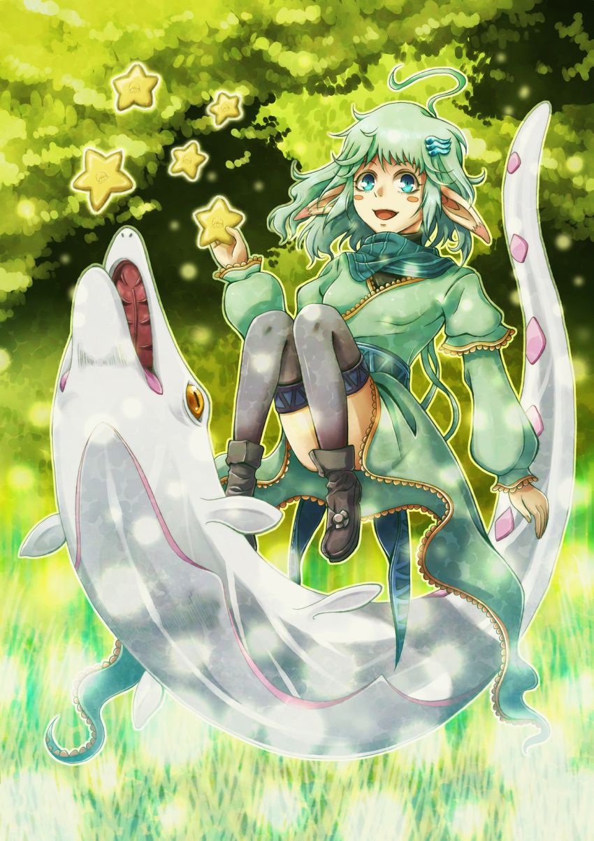 bad_id, black_legwear, blush, blush_stickers, elf, fish, green_hair, hair_ornament