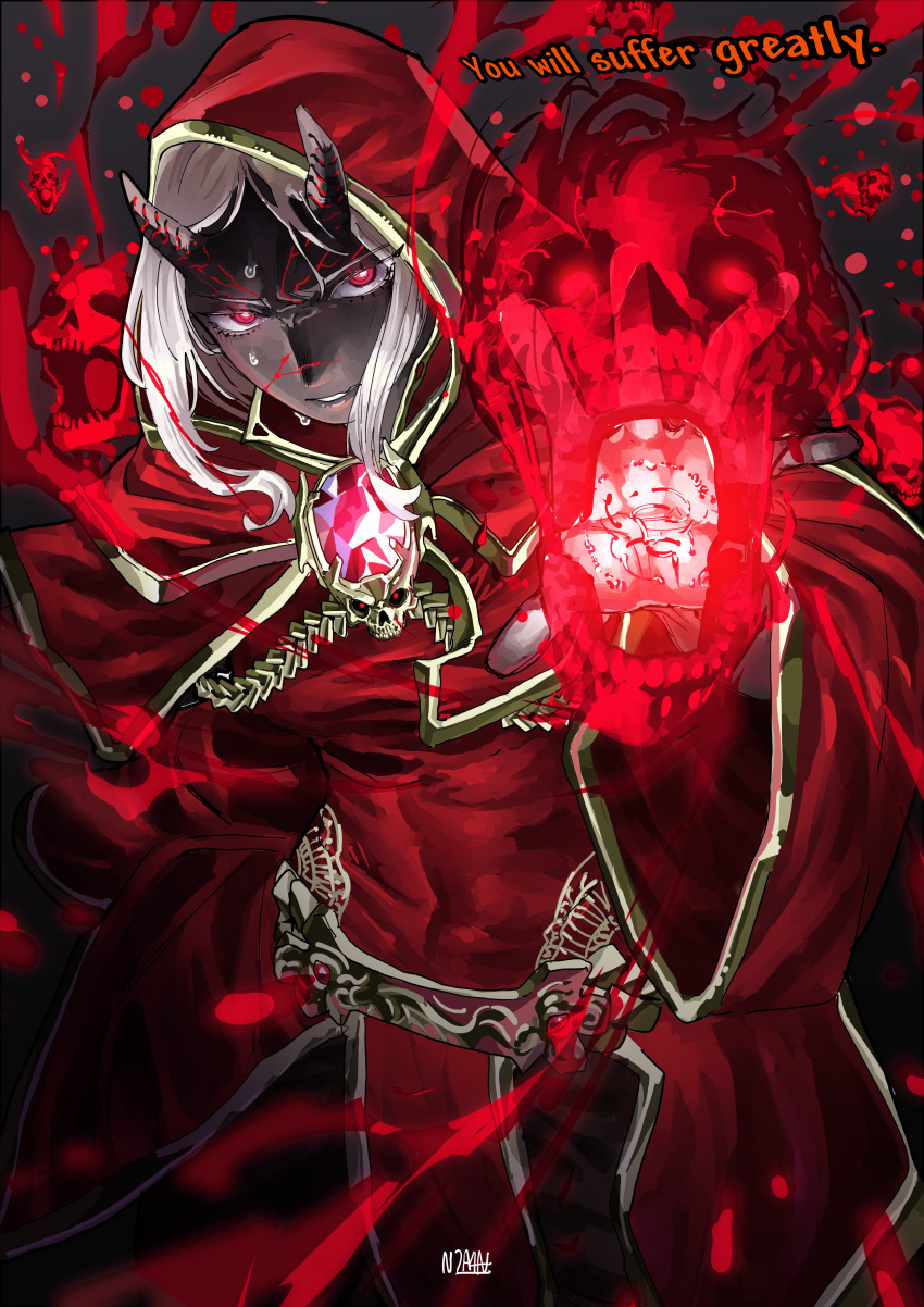 1girl, absurdres, arnanra, artist_name, black_background, bright_pupils, calamitas, calamity_(terraria_mod)