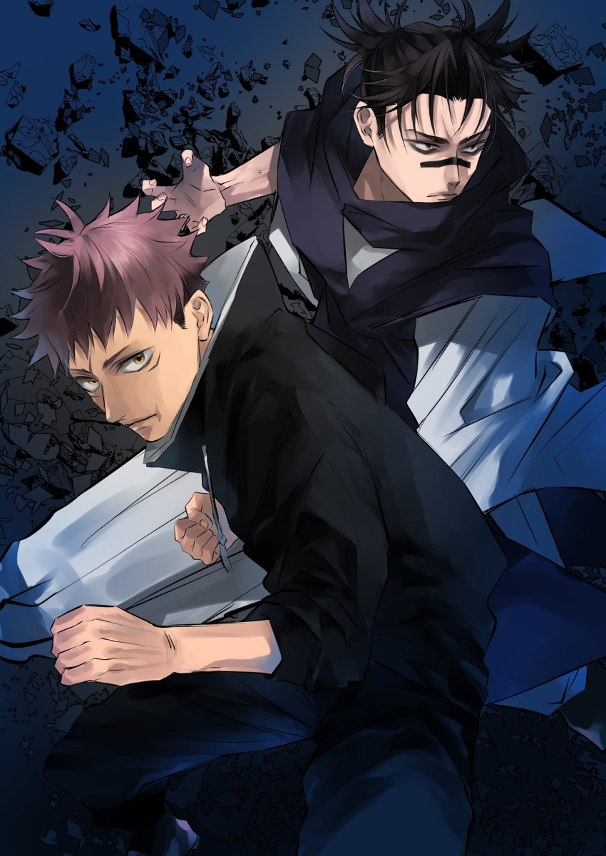 2boys, antenna_hair, black_background, black_hair, black_hoodie, blue_background, blue_pants, blue_tunic