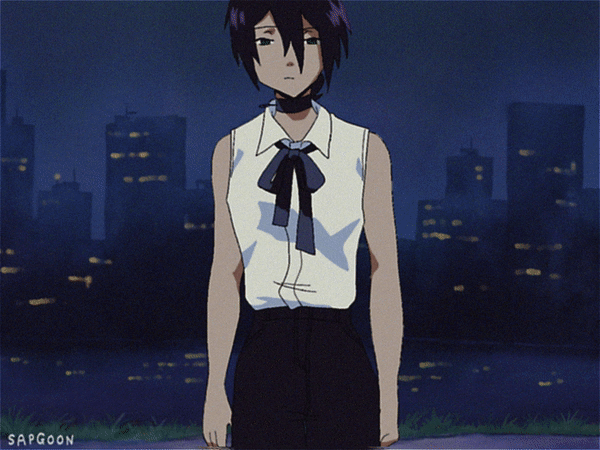 1990s_(style), 1girl, animated, animated_gif, artist_name, black_choker, black_shorts, chainsaw_man, choker, collared_shirt, explosion, grenade_pin, hair_bun, looking_at_viewer, neck_ribbon, pulling, retro_artstyle, reze_(chainsaw_man), ribbon, sapgoon, shirt, shirt_tucked_in, shorts, single_hair_bun, sleeveless, sleeveless_shirt, solo