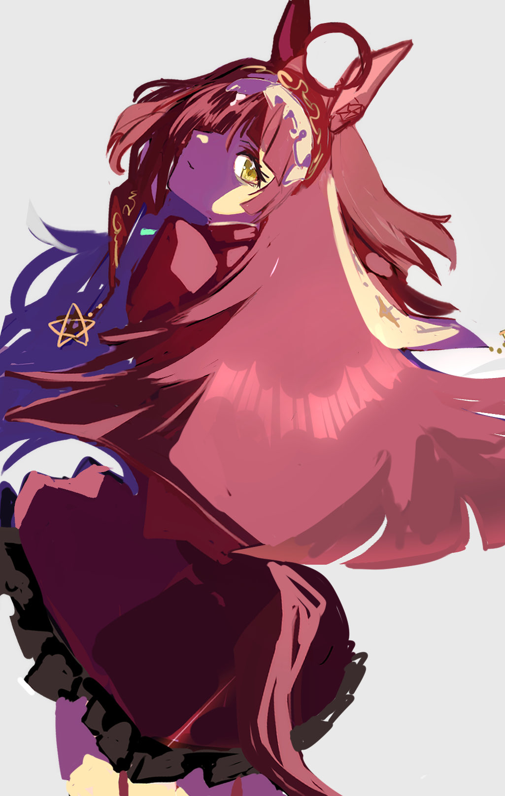1girl, ahoge, animal_ears, blunt_bangs, blunt_ends, blunt_sidelocks, brown_headdress, closed_mouth, dress, hairband, highres, hissinikaiteru, horse_ears, horse_girl, horse_tail, long_hair, long_sleeves, looking_at_viewer, looking_back, red_desire_(umamusume), red_dress, red_hair, red_hairband, red_headdress, sidelocks, simple_background, solo, star_ornament, tail, umamusume, yellow_eyes