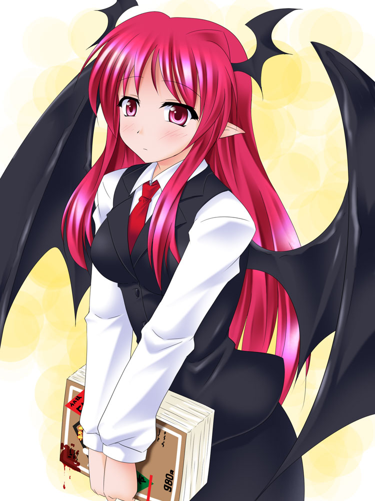 1girl, 2000s_(style), black_skirt, black_vest, black_wings, blood, blood_on_book, blush