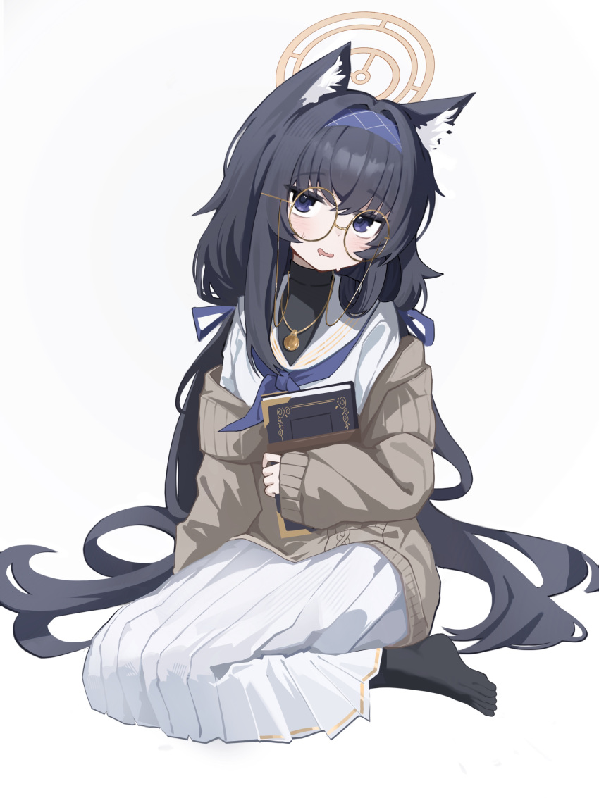1girl, absurdres, animal_ear_fluff, animal_ears, arm_at_side, black_hair, black_hairband, blue_archive