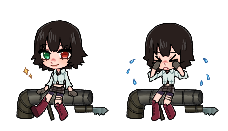 1girl, bike_shorts, black_hair, boots, chibi, closed_eyes, crying, devil_may_cry_(series)