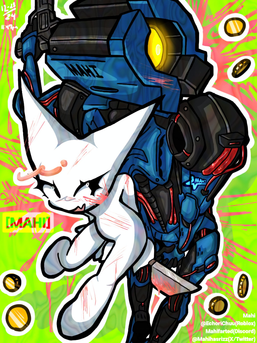 2others, animal_ears, black_eyes, blood, blush, cat_ears, coin, commentary, crossover, distortion, english_commentary, eyelashes, femtanyl_(musician), full_body, furry, green_background, highres, holding, holding_knife, knife, mahihasrizz, multiple_others, other_focus, outline, robot, simple_background, token_(femtanyl), ultrakill, v1_(ultrakill), watermark, white_fur, white_outline