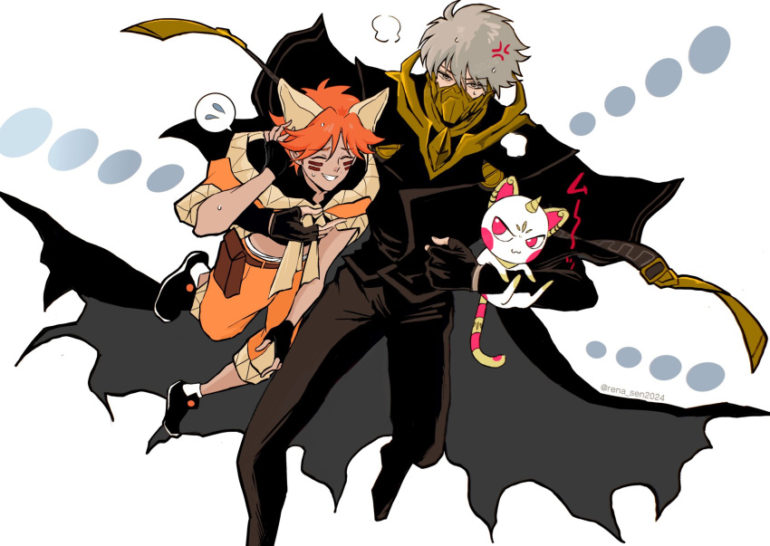 2boys, anger_vein, animal, animal_ears, big_johnny_(to_be_hero_x), black_gloves, breath, carrying